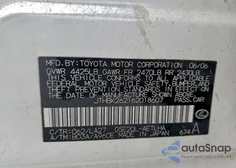 2006 Lexus Is 250 z USA, uszkodzony, nr VIN JTHBK262162018607